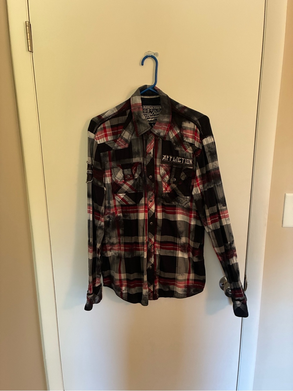 Affliction Mens Red Black Plaid Button-Up Shirt